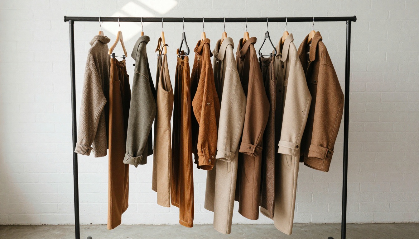 Compact capsule collection of earth tone garments on a rack