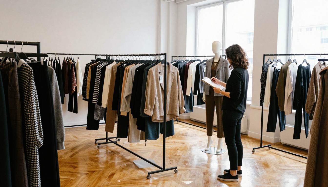 Wide showroom with a large fashion collection on rails