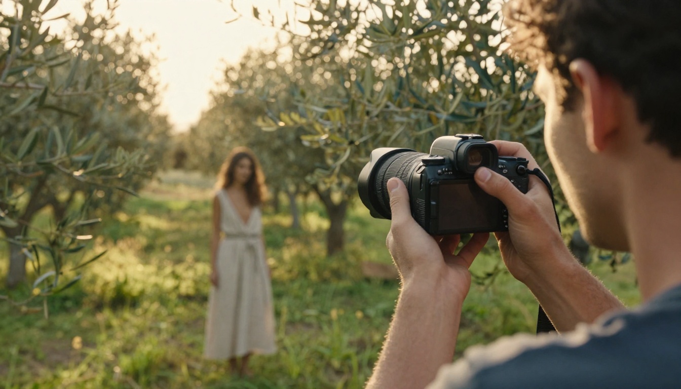 Photographer shooting a model in a linen dress in an olive grove