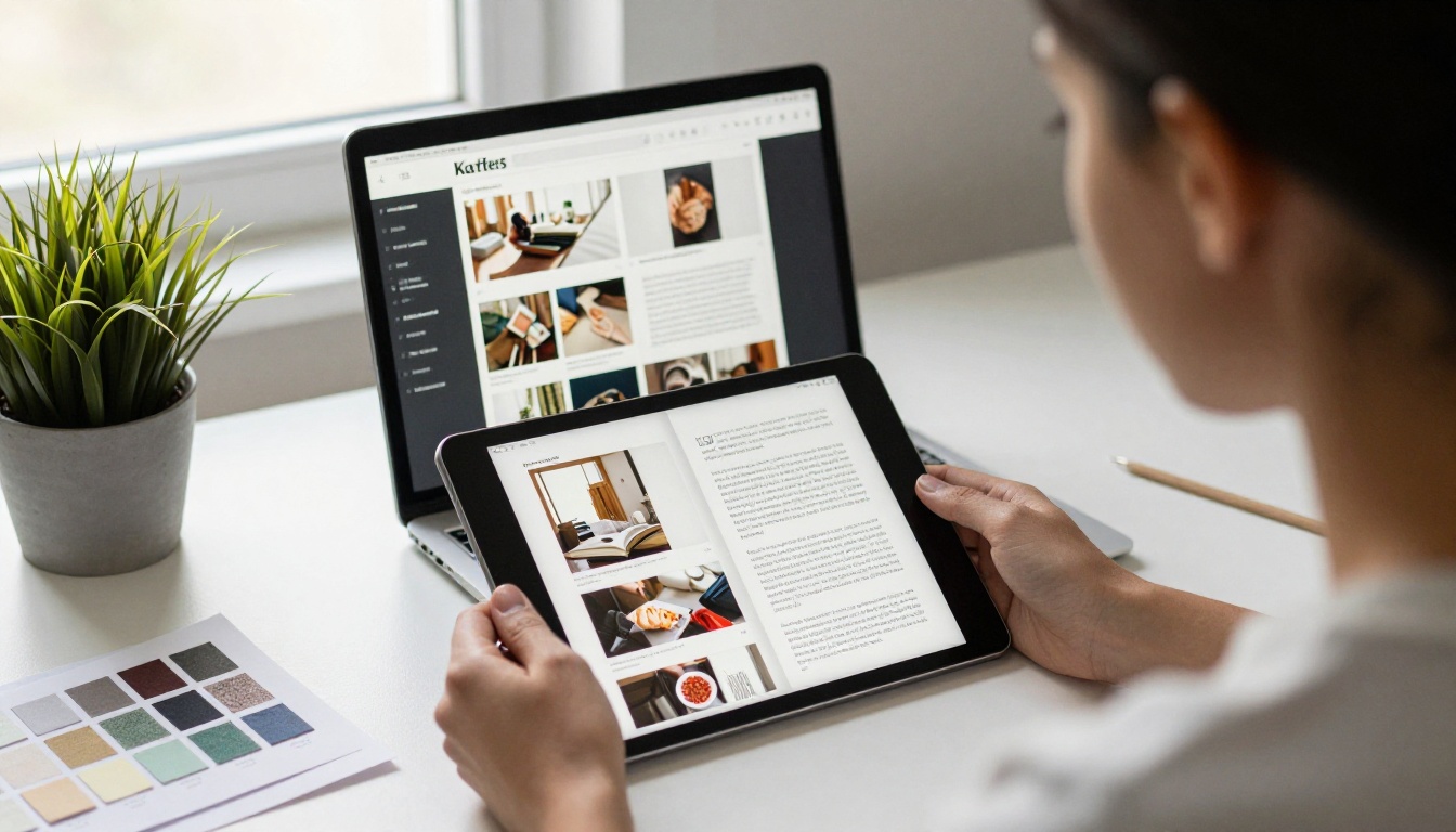 Designer reviewing a page-turning digital lookbook on a laptop and tablet