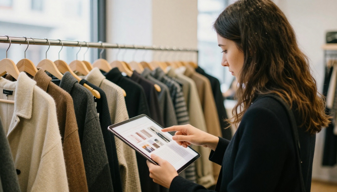 Two boutique buyers reviewing a fashion lookbook on a tablet