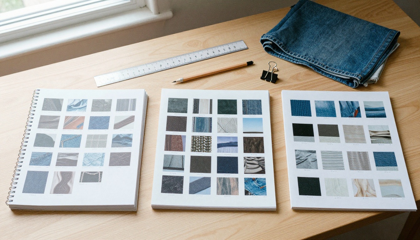 Flat lay of lookbook pages sorted into stacks beside a ruler and fabric swatches