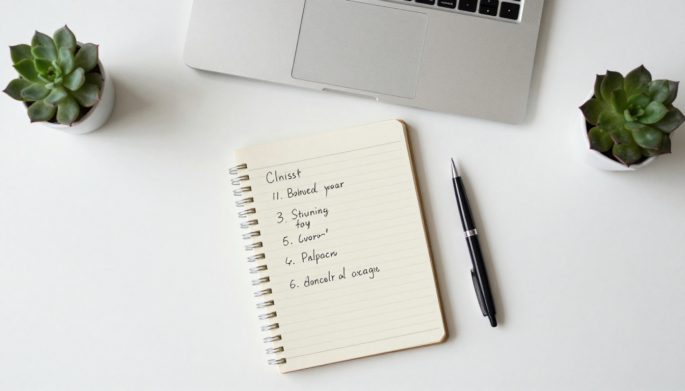 A checklist notebook on a clean desk beside a laptop