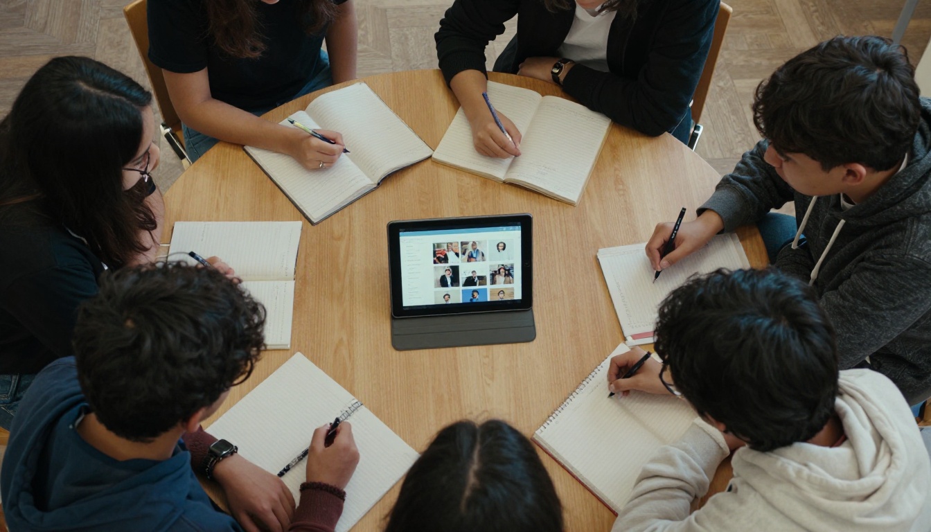 Students gathered around a tablet viewing a digital yearbook in a school library
