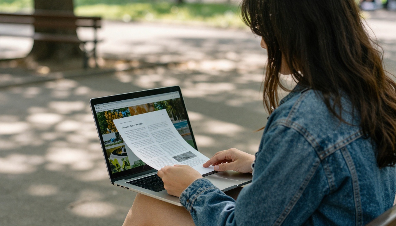 A person reading a digital publication on a laptop in a park