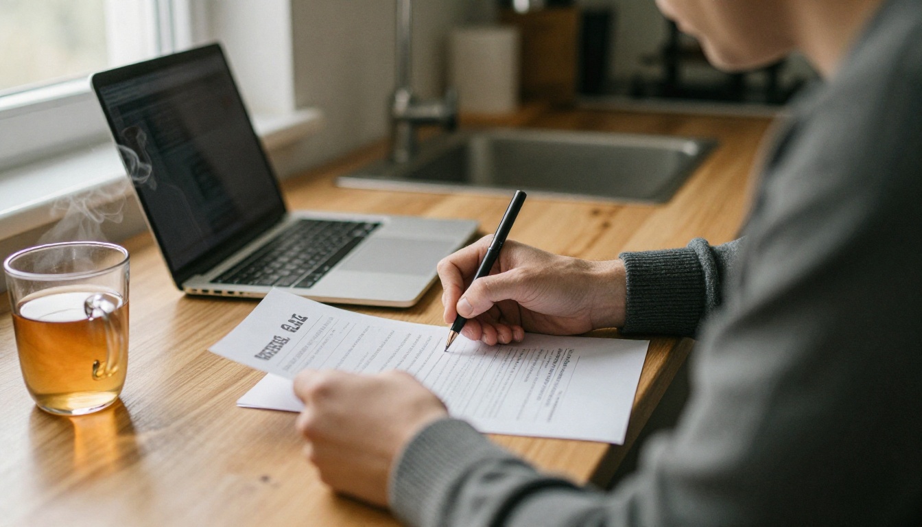 A parent signing a photo consent form at a kitchen table
