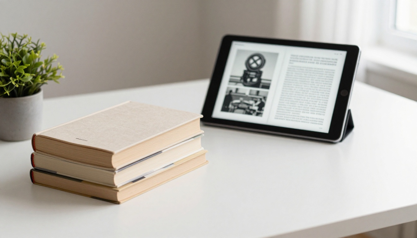 A stack of printed paperbacks beside a tablet showing an ebook