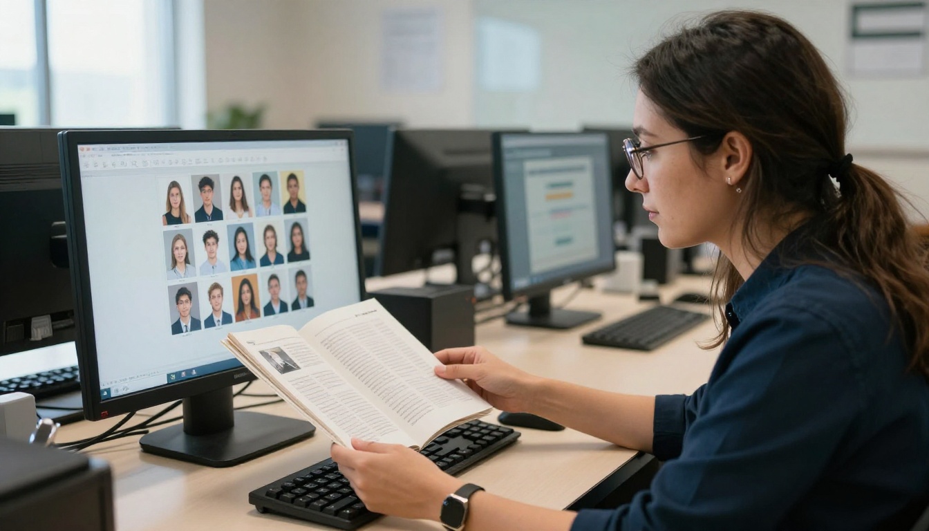 A yearbook advisor reviewing a flipbook layout on a monitor in a media lab