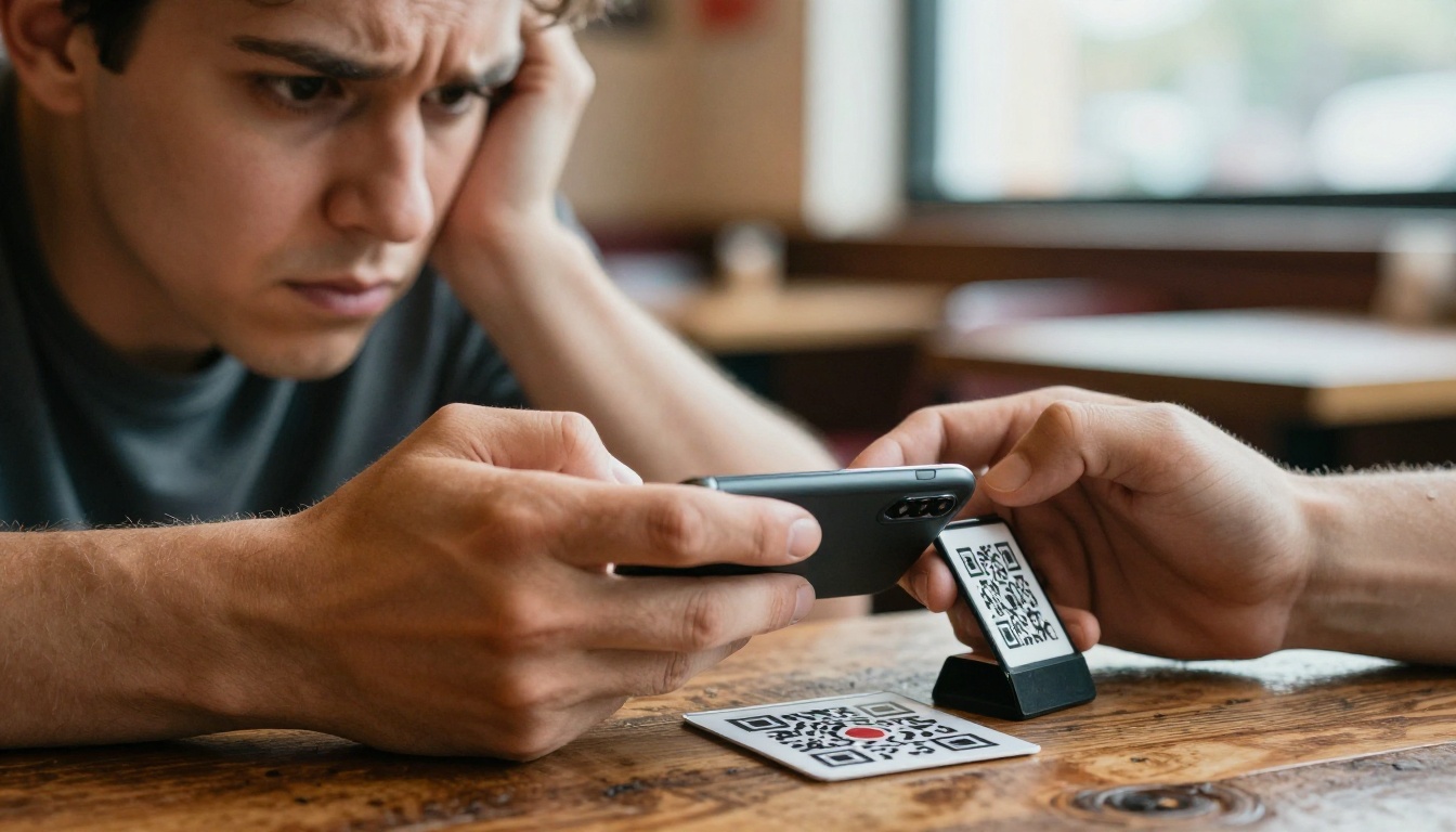 A diner scanning a QR code on a wooden table A diner scanning a QR code on a wooden table