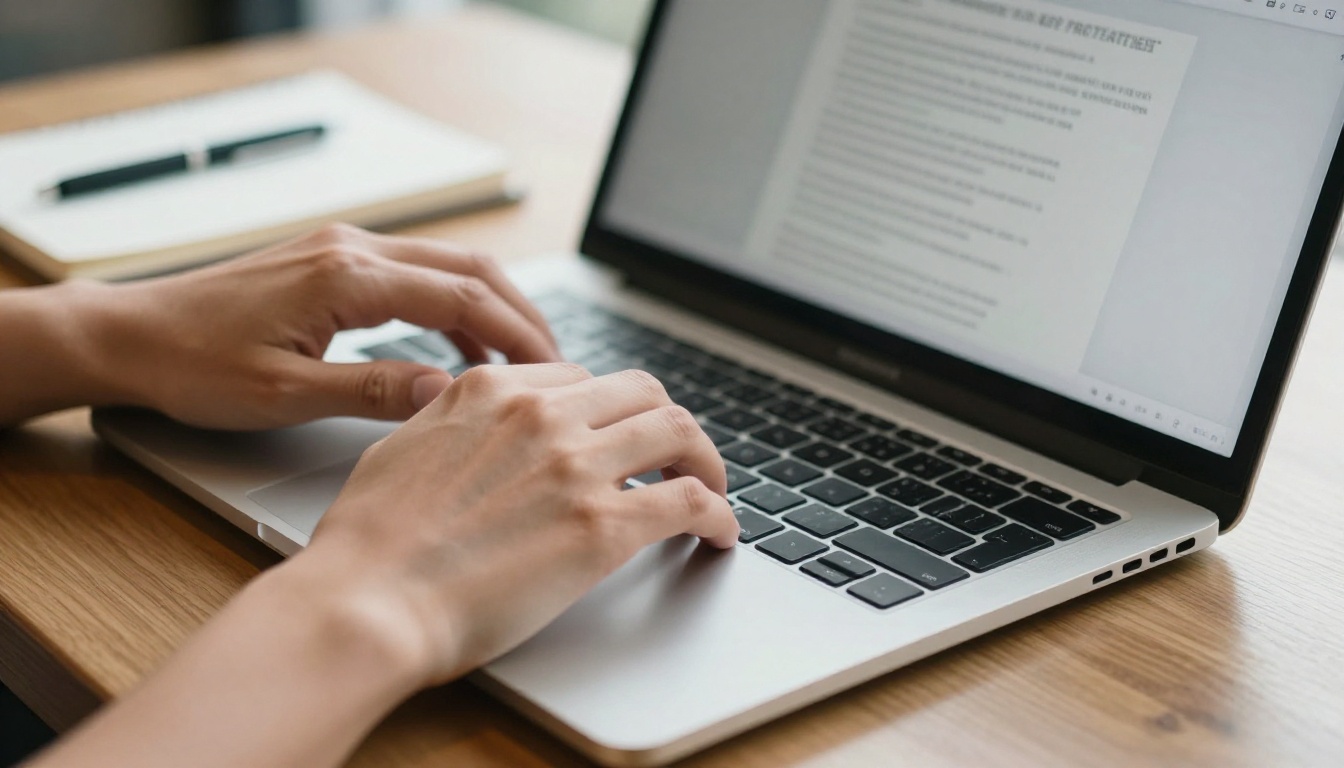Hands working on a laptop with a flipbook open