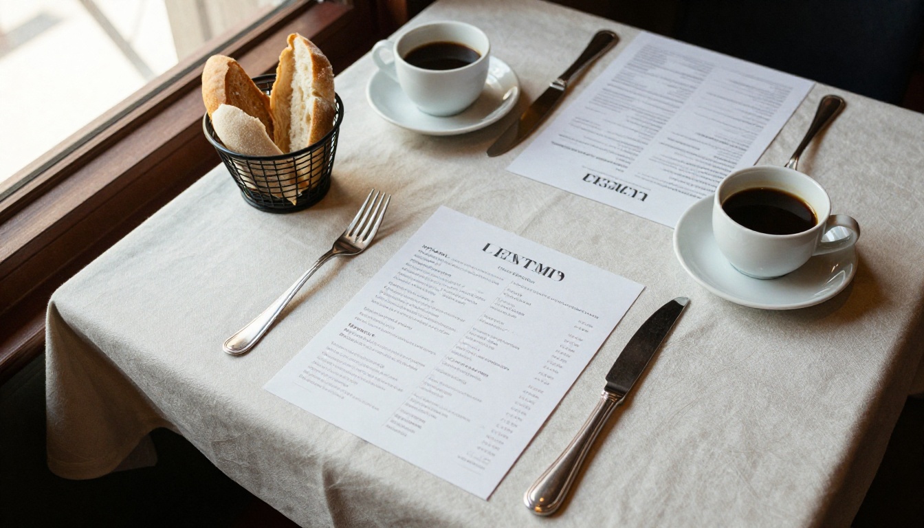 A table set for two with a printed single-page paper menu A table set for two with a printed single-page paper menu