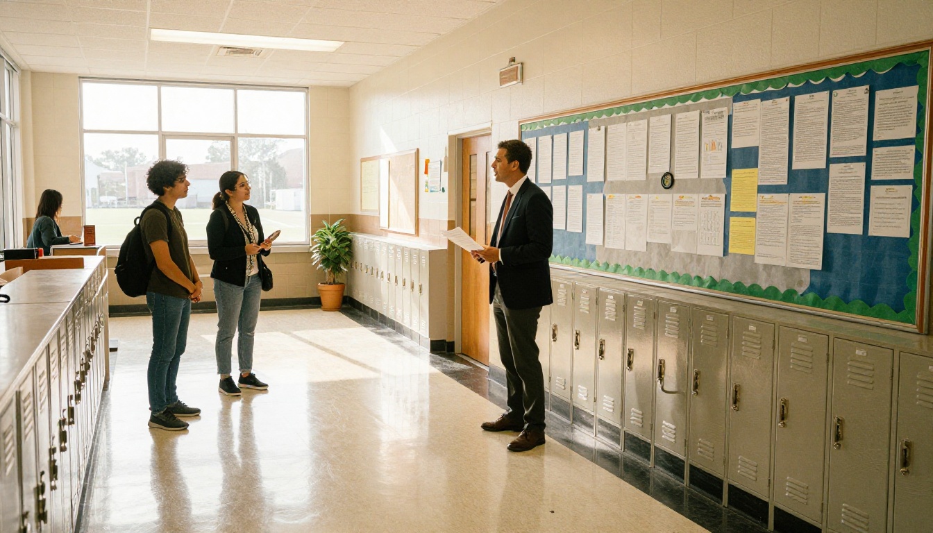 A principal speaking with two parents in a school hallway about photo policies
