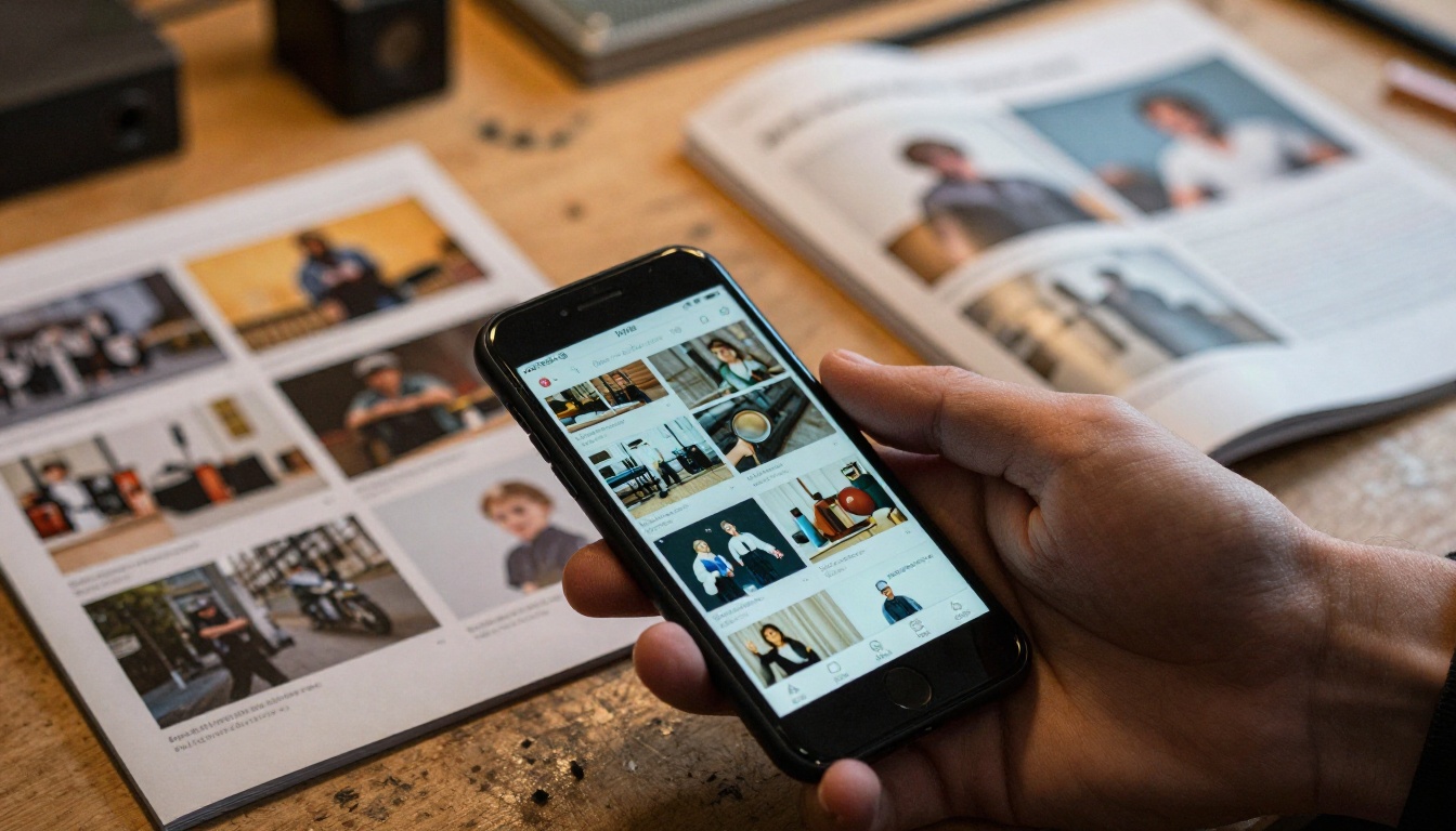 Hand holding a smartphone showing a digital catalog page above a workshop bench Hand holding a smartphone showing a digital catalog page above a workshop bench