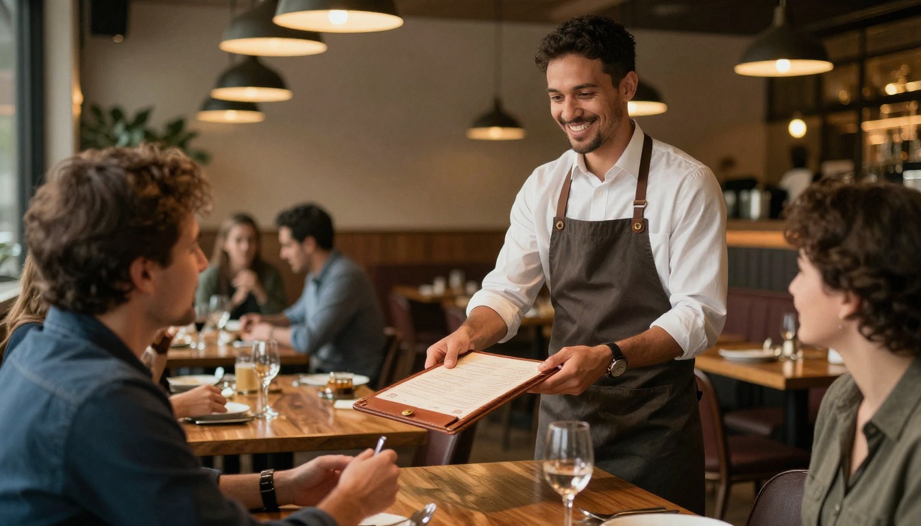 A server handing a leather menu to seated guests A server handing a leather menu to seated guests