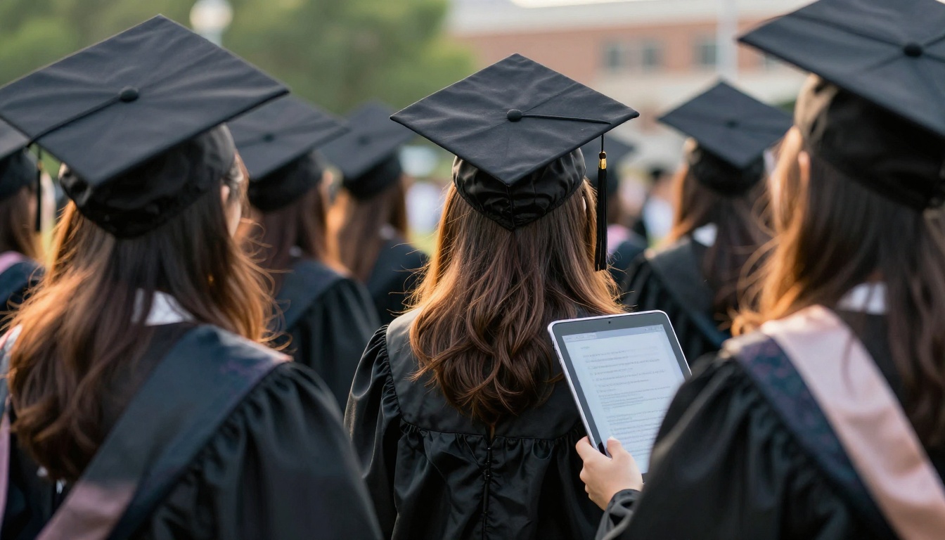 A graduating senior holding a tablet with a digital yearbook on a school lawn