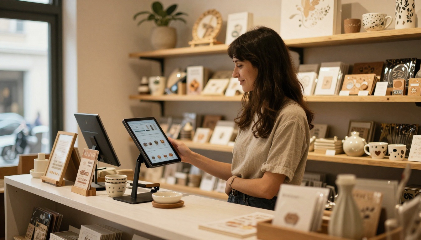 Shop owner holding a tablet with a product catalog