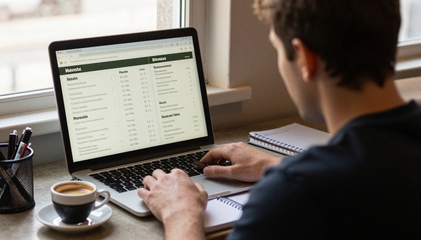 A restaurant owner reviewing menu pricing on a laptop A restaurant owner reviewing menu pricing on a laptop