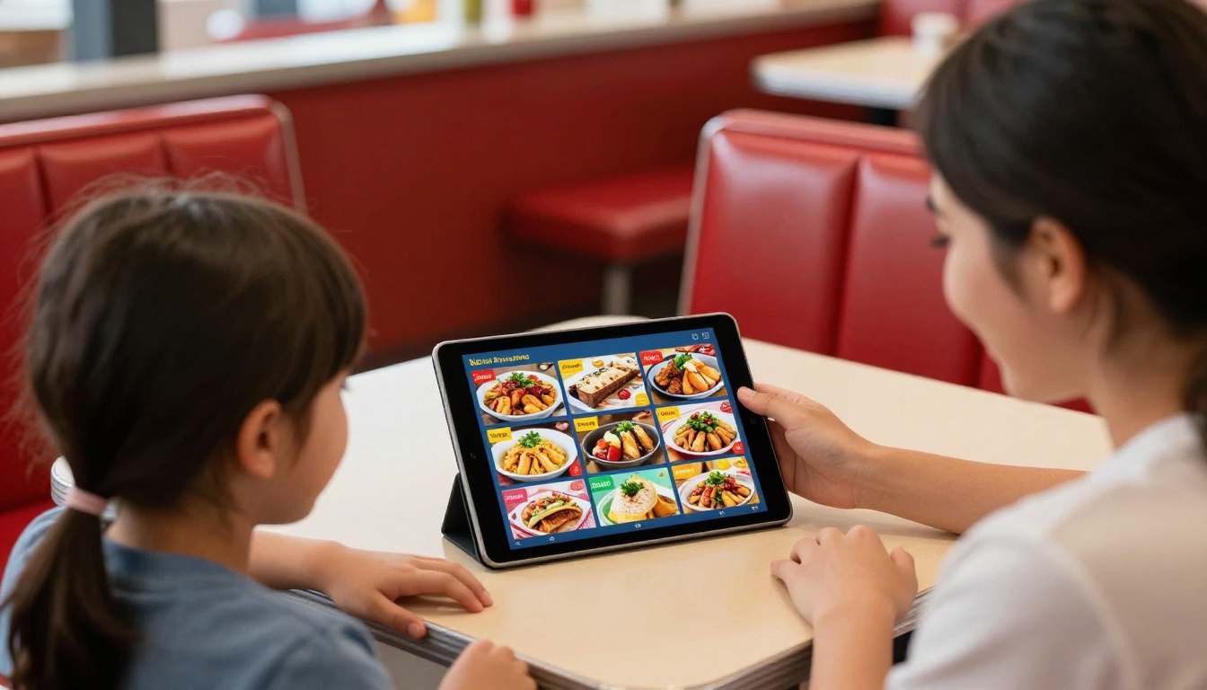 A family browsing a tablet menu in a diner booth A family browsing a tablet menu in a diner booth