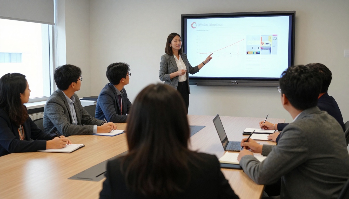 A school staff meeting reviewing a digital yearbook on a wall screen