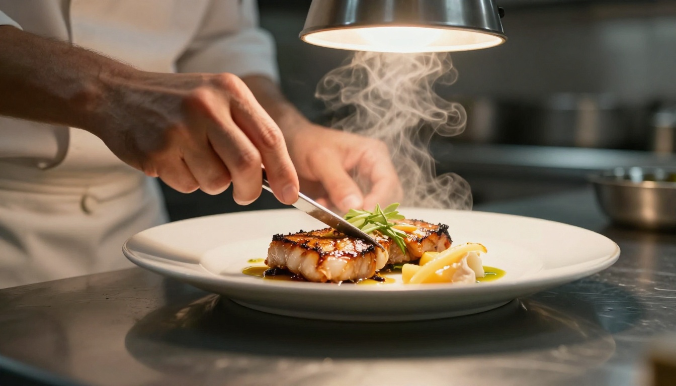 A chef plating a seared dish in a professional kitchen A chef plating a seared dish in a professional kitchen