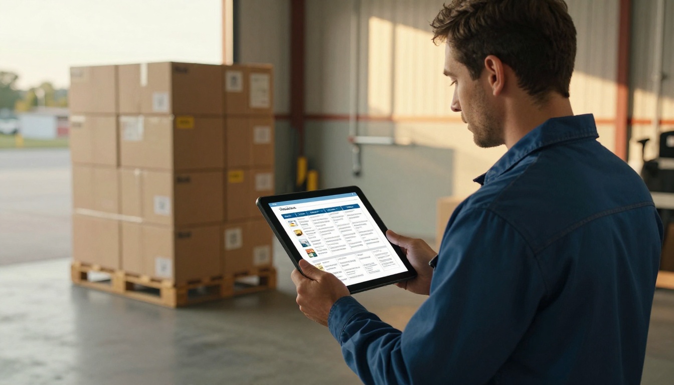 Warehouse manager at a loading dock using a tablet to view a product catalog Warehouse manager at a loading dock using a tablet to view a product catalog