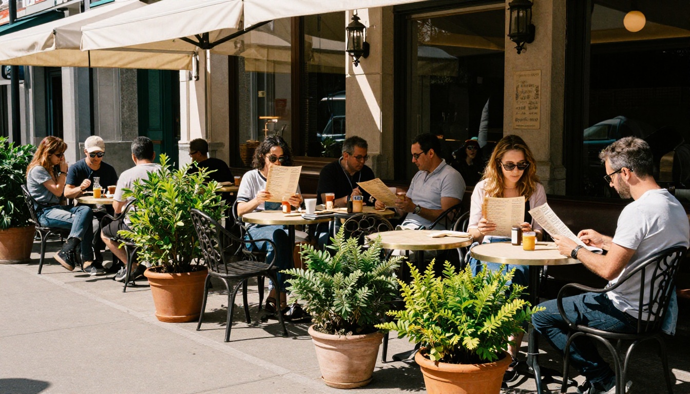 A cafe terrace with guests reading a single menu card A cafe terrace with guests reading a single menu card