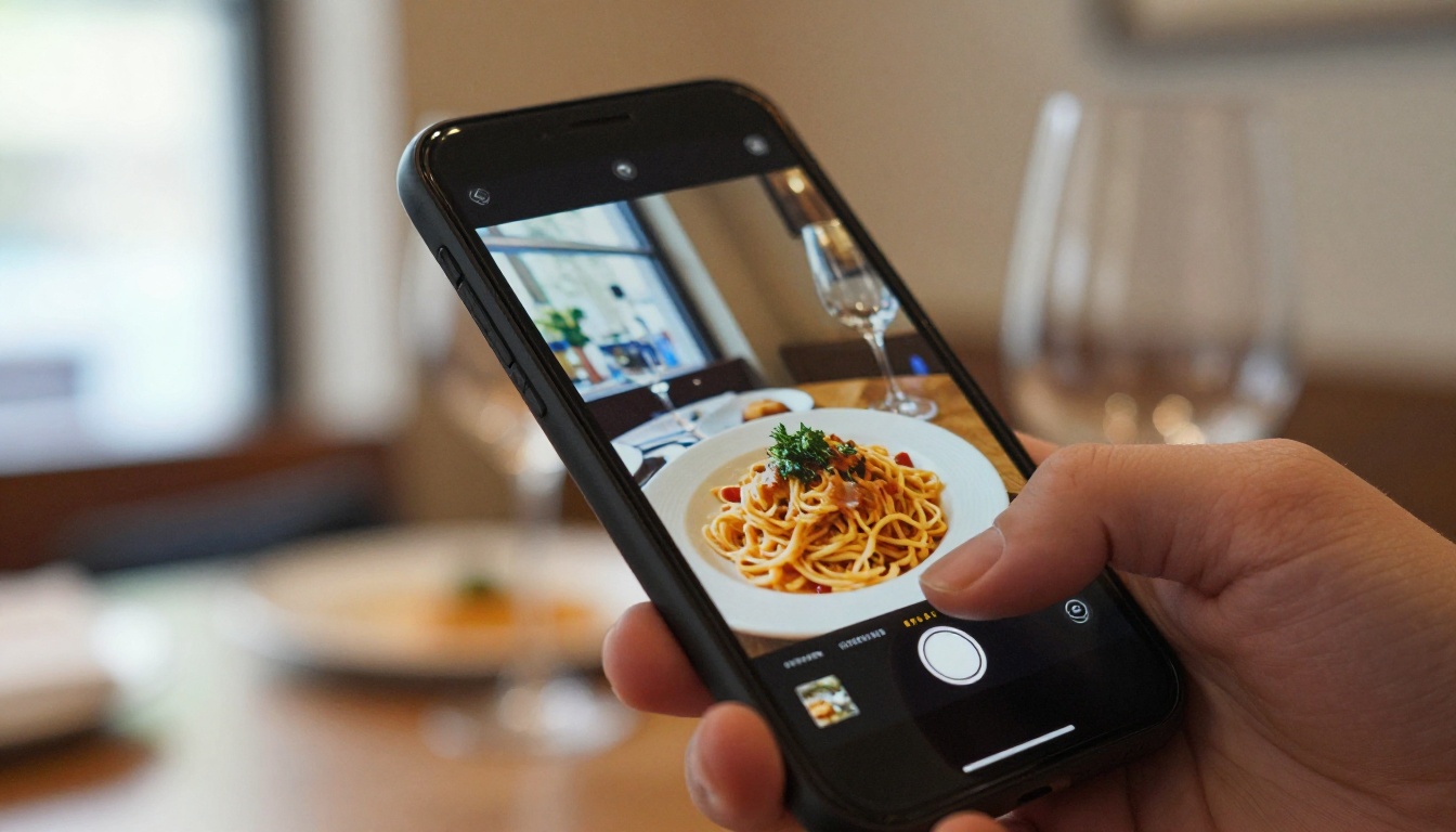 A phone showing a page-turning digital menu on a restaurant table A phone showing a page-turning digital menu on a restaurant table