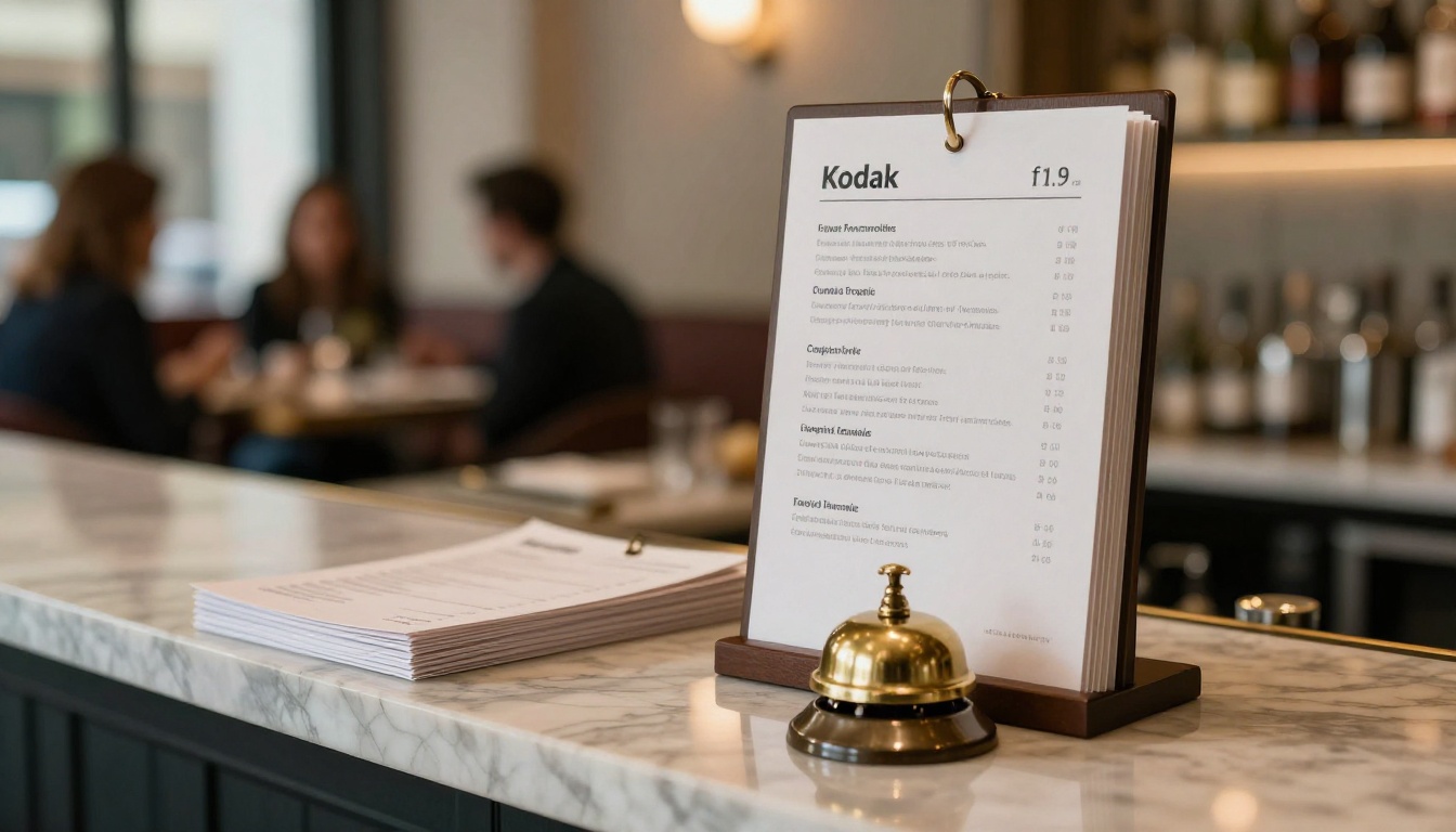 A hotel restaurant host stand with printed menus and a brass bell A hotel restaurant host stand with printed menus and a brass bell