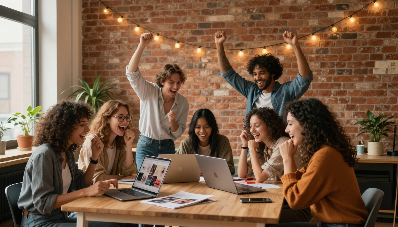 Small team celebrating around a laptop after publishing