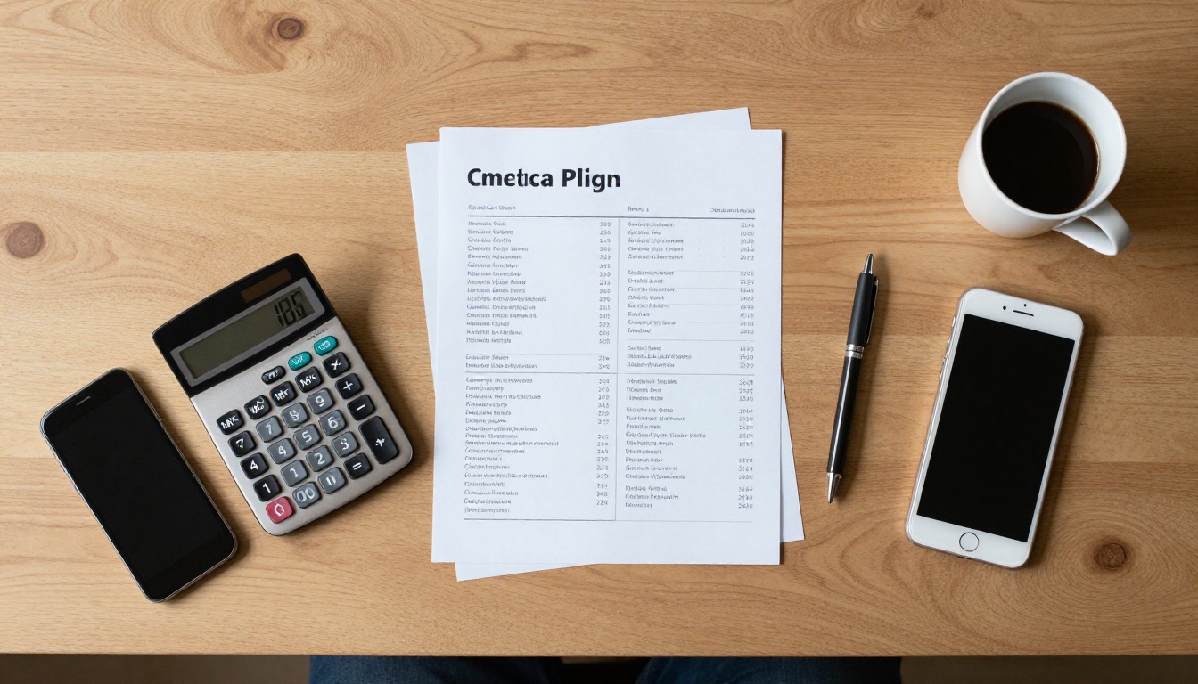 Top-down view of pricing sheets, calculator and phone on a desk Top-down view of pricing sheets, calculator and phone on a desk