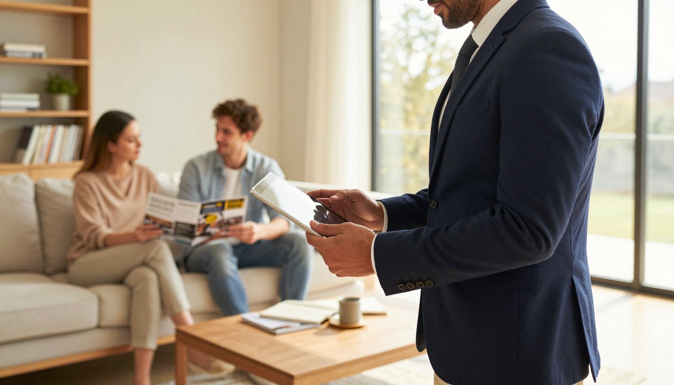 Real estate agent showing a private brochure to a couple Real estate agent showing a private brochure to a couple