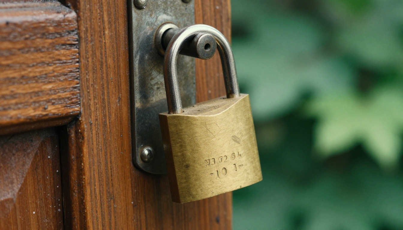 Close-up of a brass padlock on a wooden latch Close-up of a brass padlock on a wooden latch