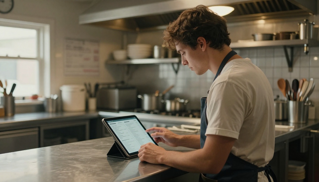 Restaurant owner reviewing a menu on a tablet in the kitchen Restaurant owner reviewing a menu on a tablet in the kitchen