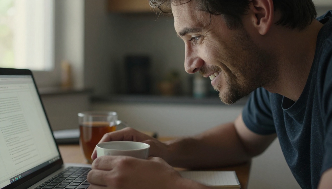 Relieved reader enjoying a smooth sharing experience at a kitchen table Relieved reader enjoying a smooth sharing experience at a kitchen table