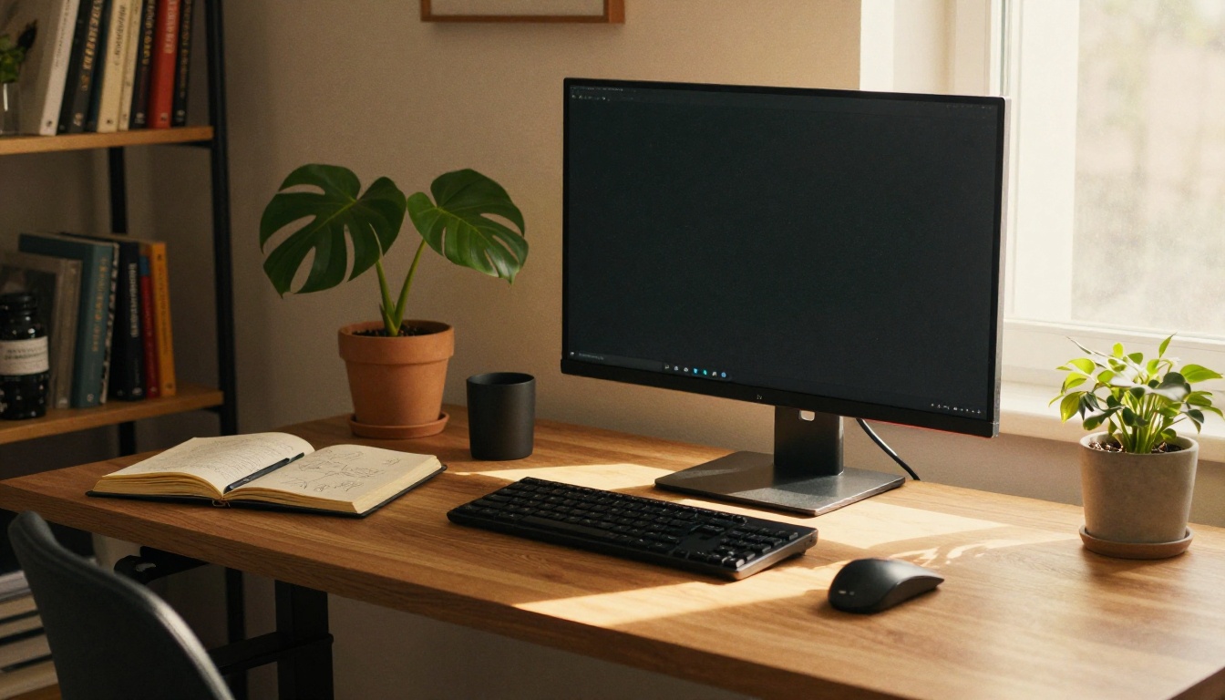 Designer's workspace in golden hour light, ready to publish Designer's workspace in golden hour light, ready to publish