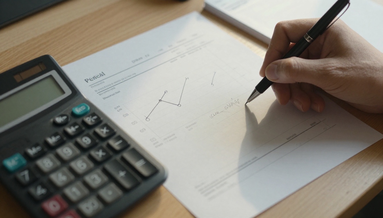 A calculator, invoice stack and pen on an oak desk