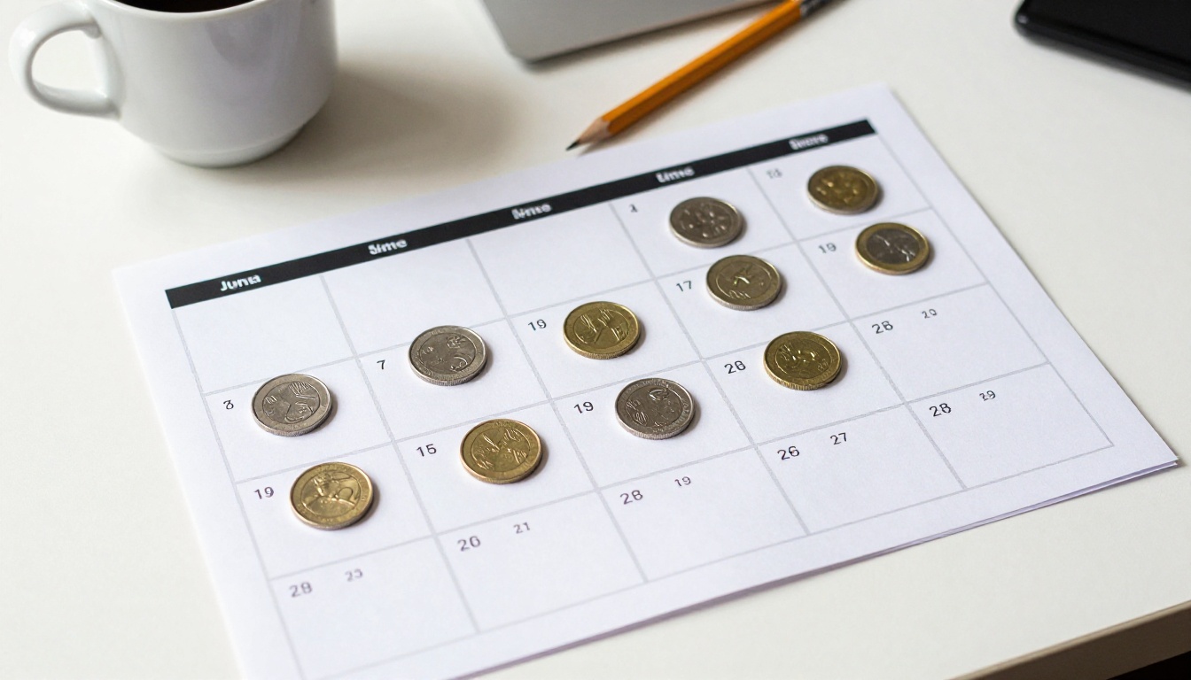 A wall calendar with coins placed on each month
