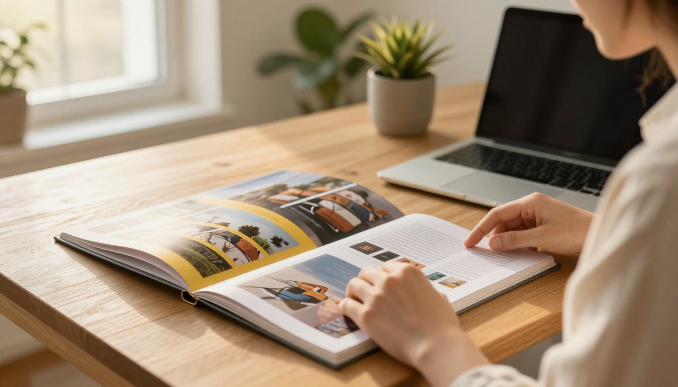 A designer reviewing a printed catalog beside a laptop