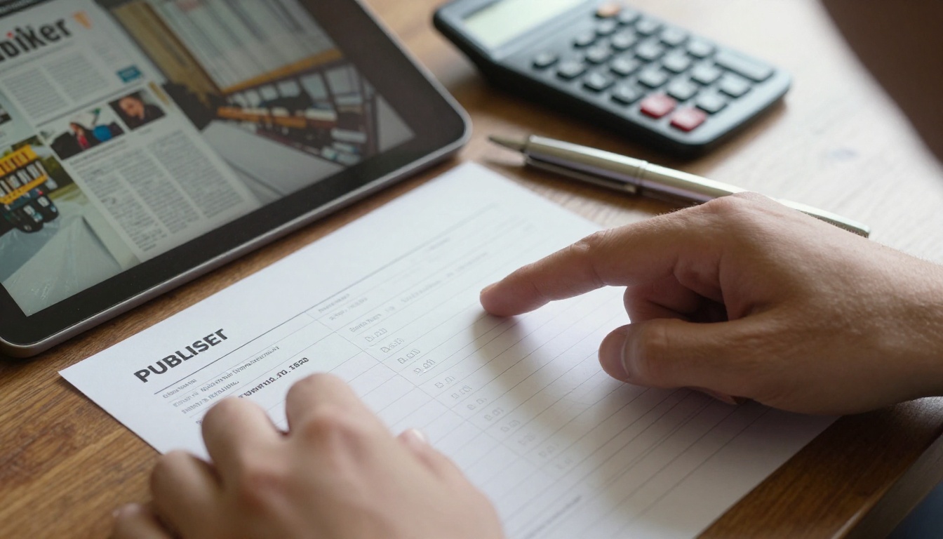 Publisher pointing at a printed rate card beside a tablet showing a magazine spread