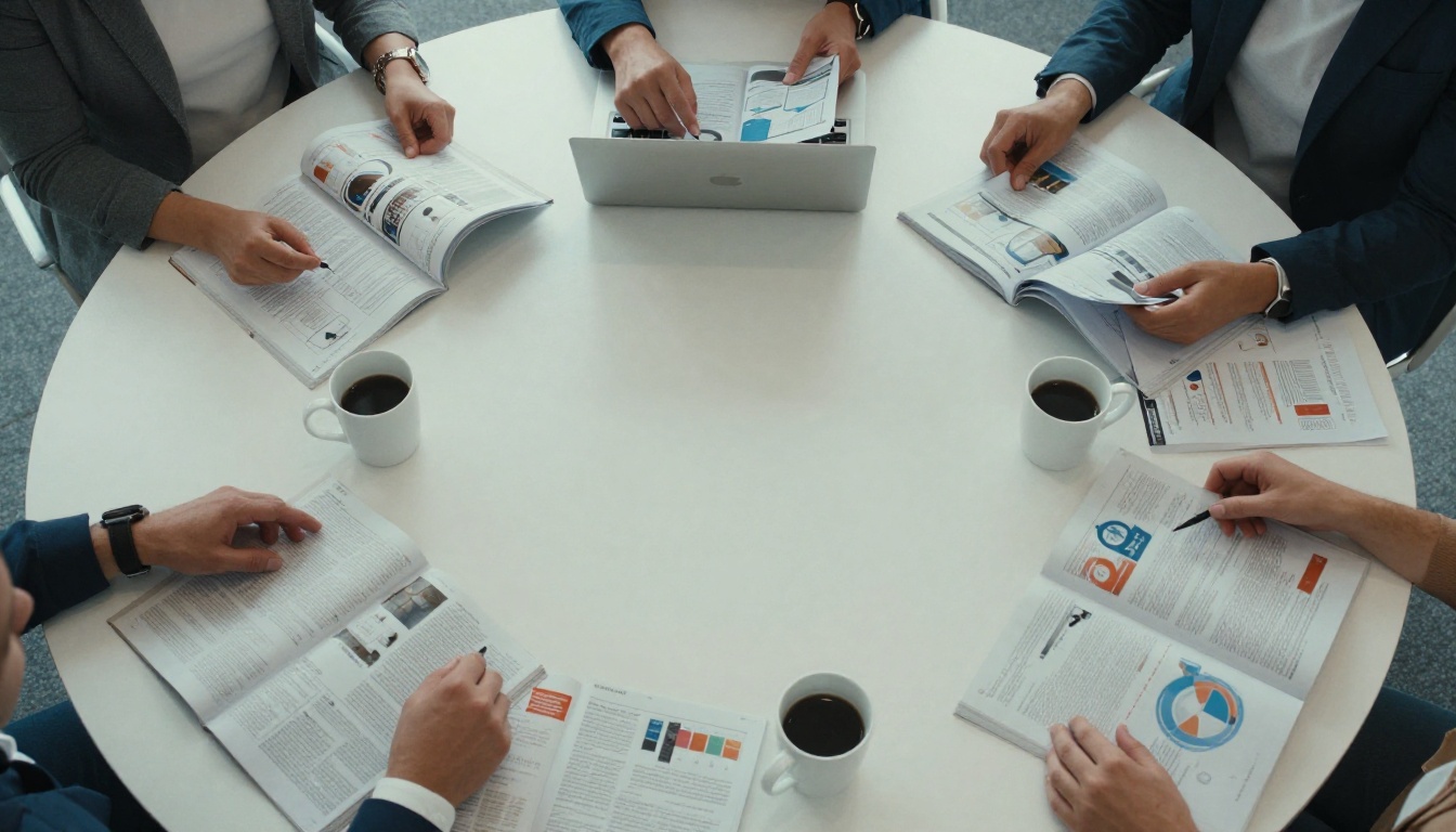 Overhead view of magazines, analytics printouts and laptop on a conference table