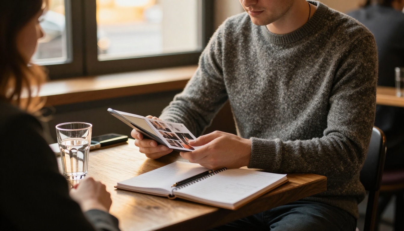 Presenter showing a media kit on a tablet to a client across a cafe table
