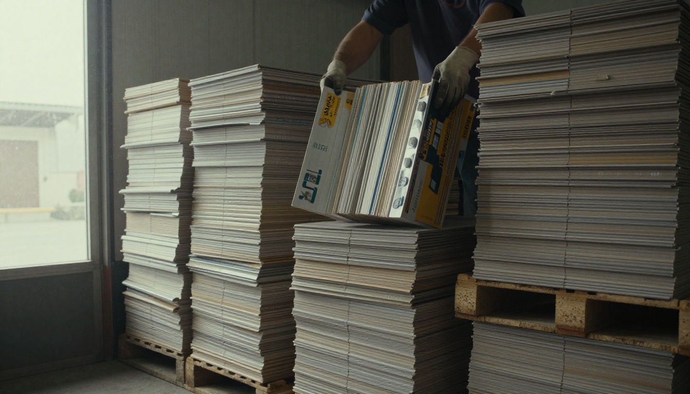 Stacks of printed catalogs on warehouse pallets
