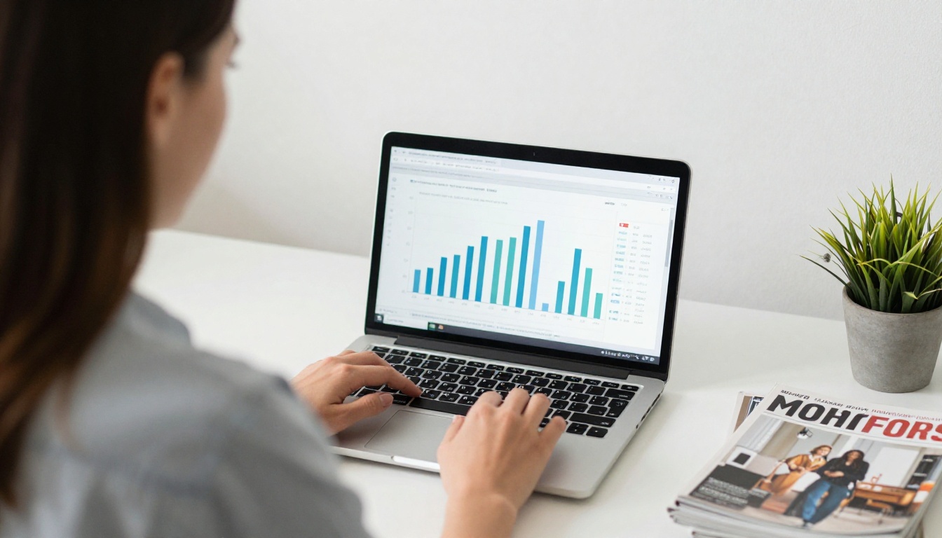 Woman reviewing an audience dashboard on a laptop at a standing desk
