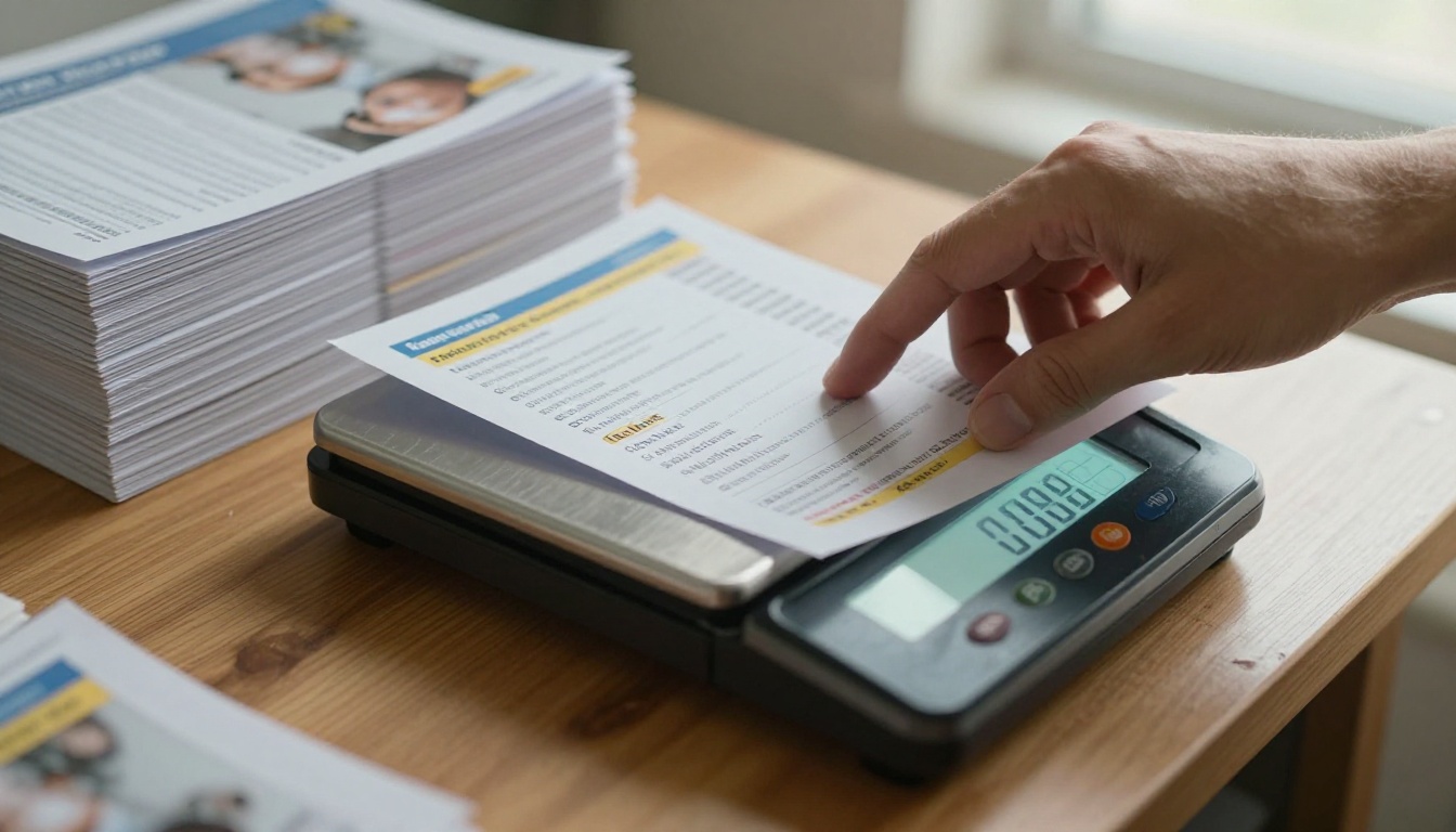 A hand placing a printed catalog on a digital postal scale
