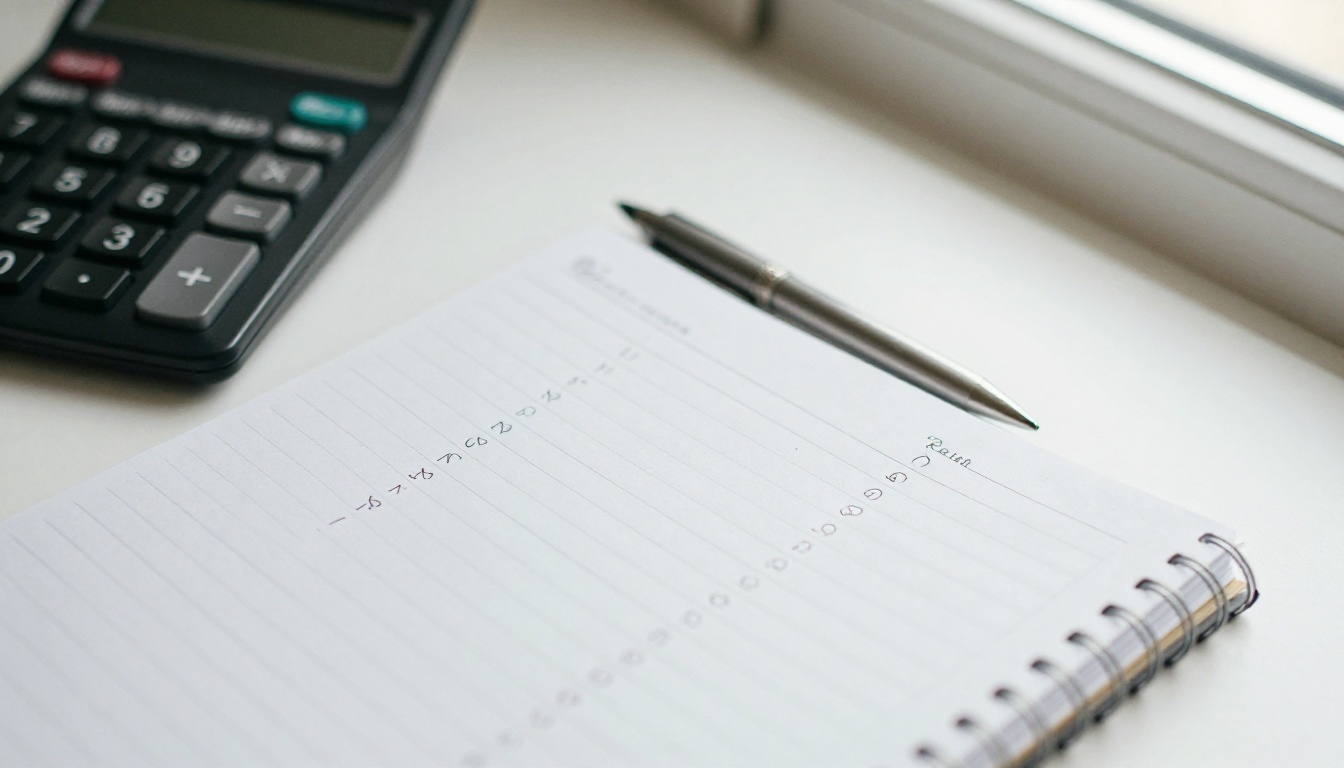 Calculator, pen and notebook with cost columns