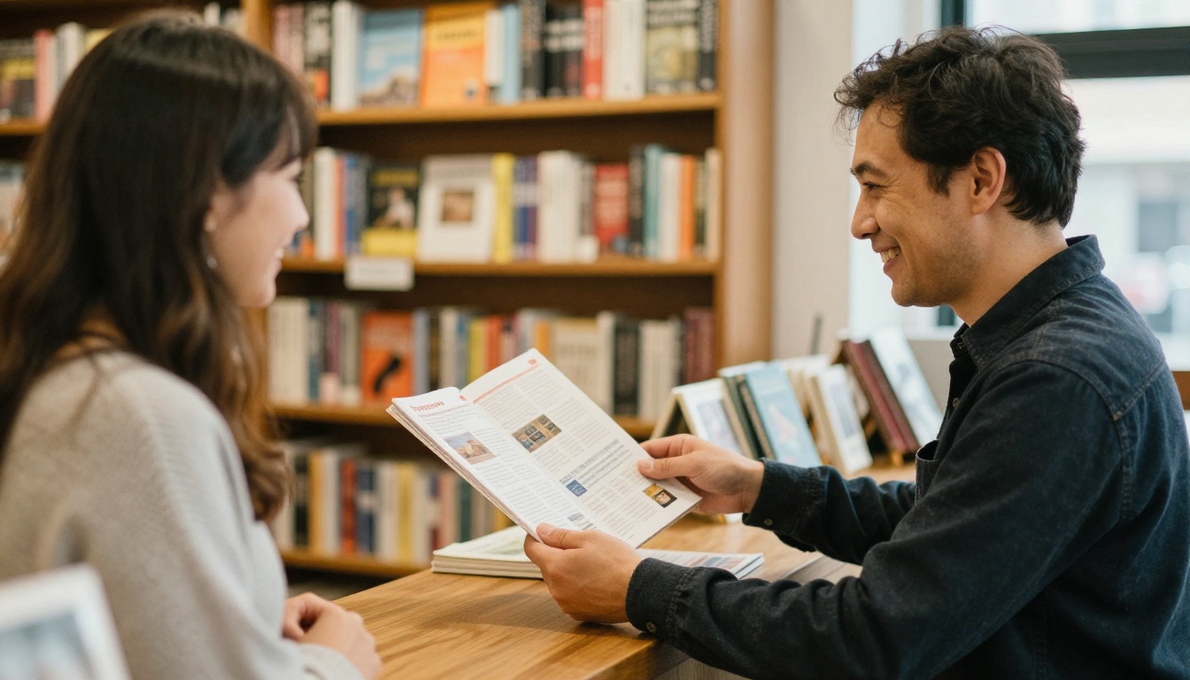 A bookstore owner handing a printed catalog to a customer