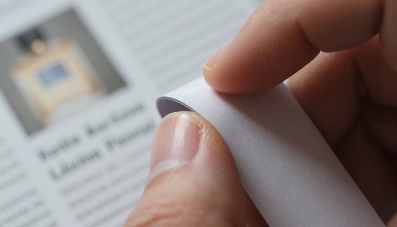 Macro of a glossy full-page advertisement on a magazine spread with a finger turning the page