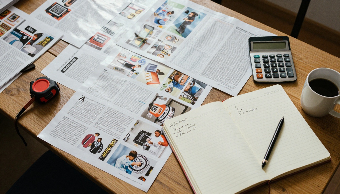 Aerial view of printed catalogs in different sizes on a table with a tape measure and calculator
