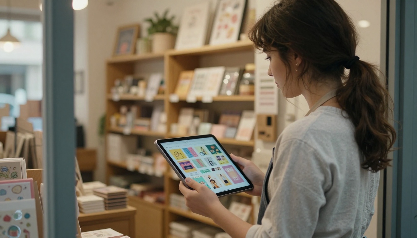 Boutique owner holding a tablet with a digital catalog