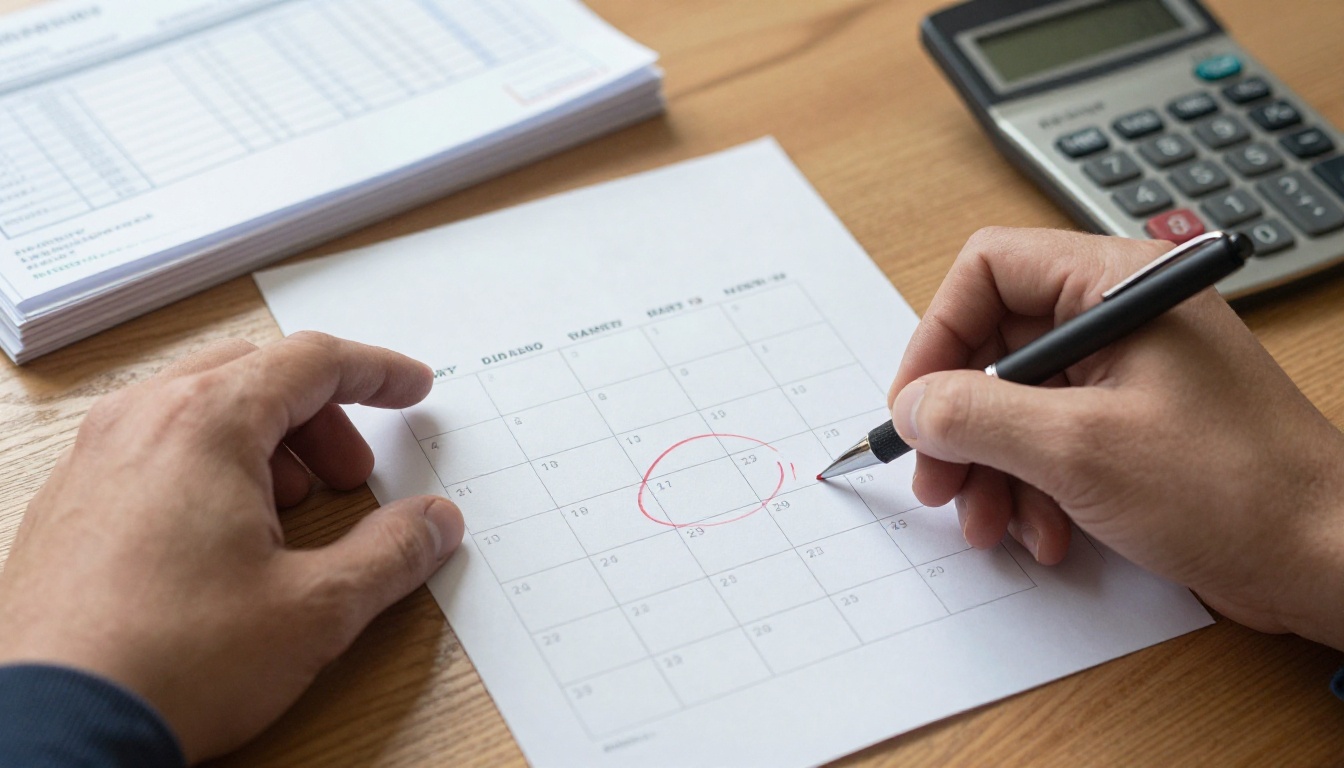 Calendar with a month circled beside invoices and a calculator